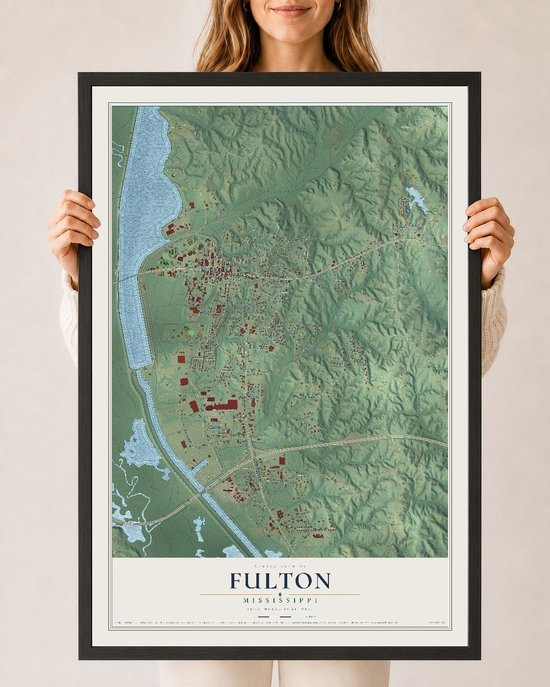 Map of Fulton, Mississippi, 24 x 36 inch print in a black wood frame