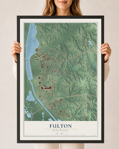 Map of Fulton, Mississippi, 24 x 36 inch print in a black wood frame
