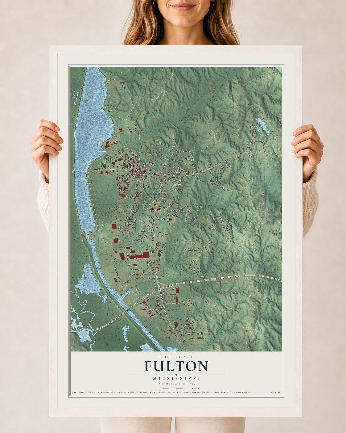 Map of Fulton, Mississippi, 24 x 36 inch print in a white wood frame