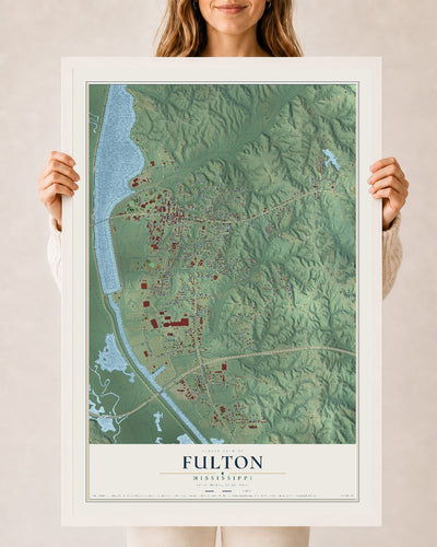Map of Fulton, Mississippi, 24 x 36 inch print in a white wood frame