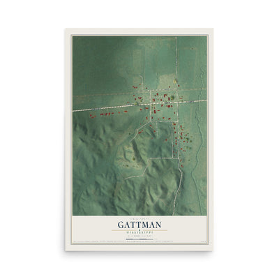 Map of Gattman, Mississippi, 12 x 18 inch unframed archival matte print