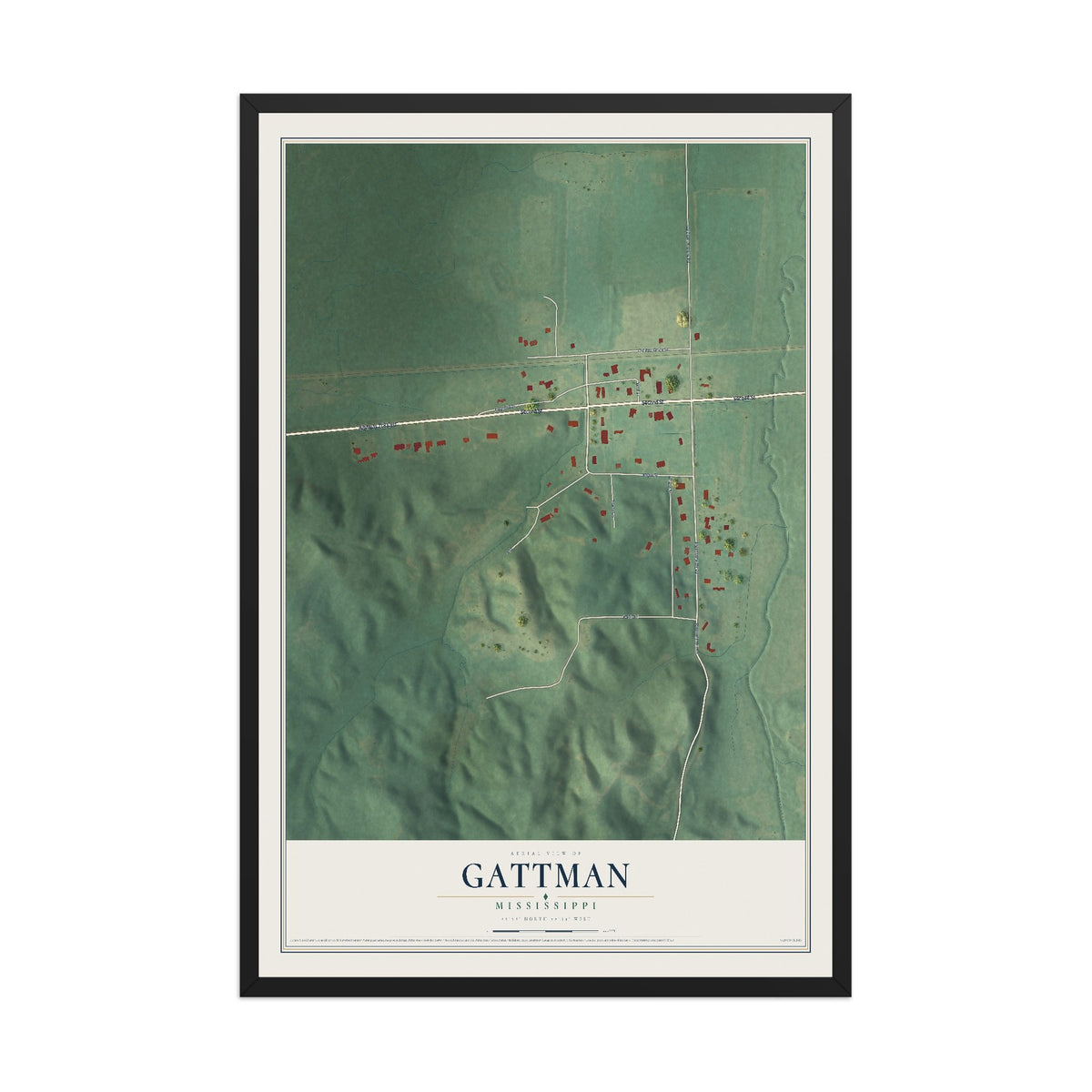Map of Gattman, Mississippi, 12 x 18 inch print in a black wood frame