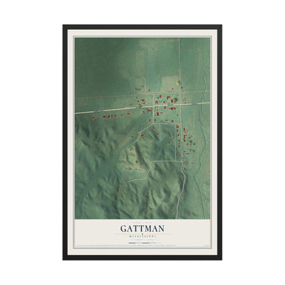 Map of Gattman, Mississippi, 12 x 18 inch print in a black wood frame
