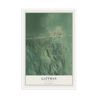 Map of Gattman, Mississippi, 12 x 18 inch print in a white wood frame