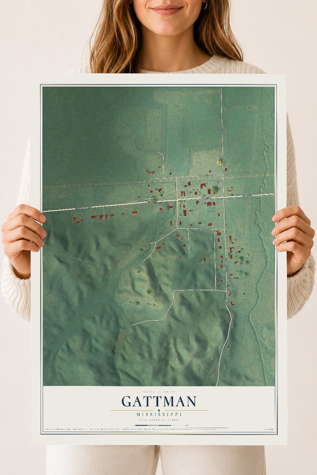 Map of Gattman, Mississippi, 18 x 24 inch unframed archival matte print