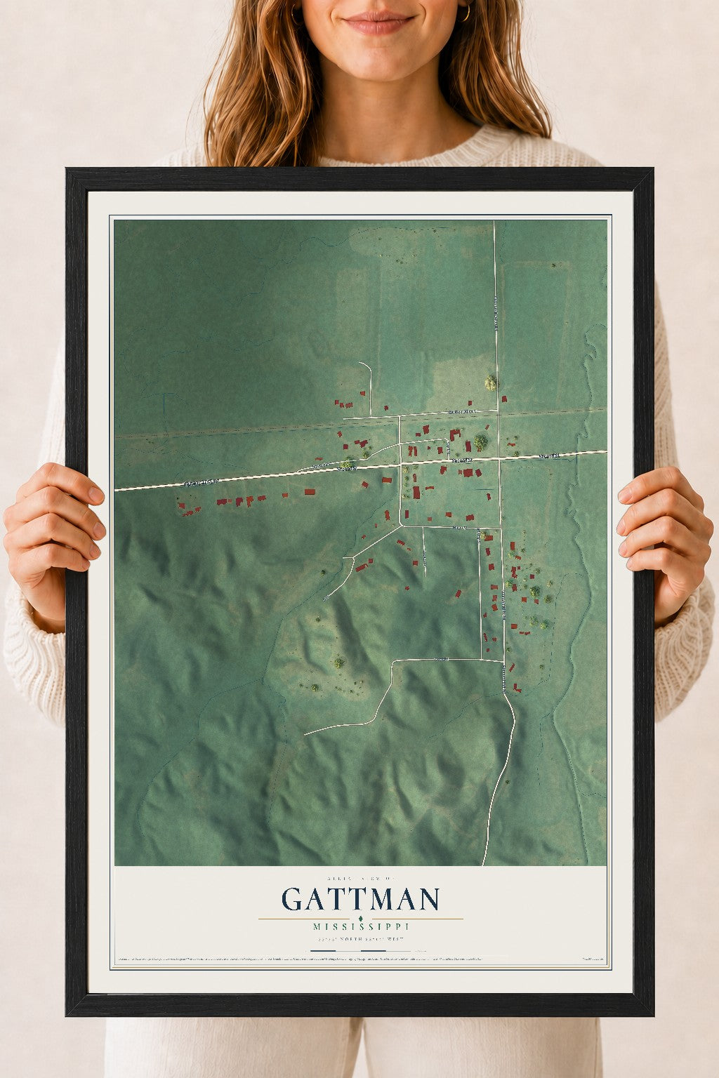 Map of Gattman, Mississippi, 18 x 24 inch print in a black wood frame