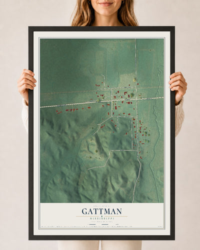 Map of Gattman, Mississippi, 24 x 36 inch print in a black wood frame