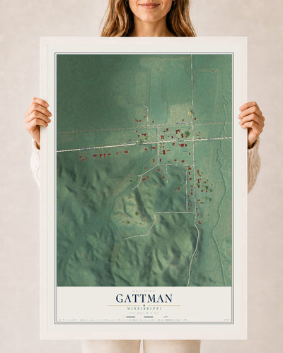 Map of Gattman, Mississippi, 24 x 36 inch print in a white wood frame