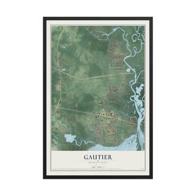 Map of Gautier, Mississippi, 12 x 18 inch print in a black wood frame
