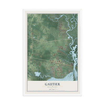 Map of Gautier, Mississippi, 12 x 18 inch print in a white wood frame