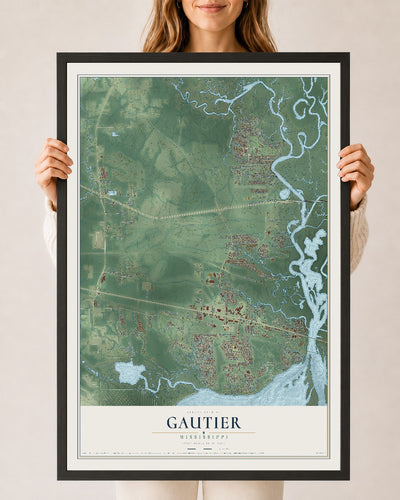 Map of Gautier, Mississippi, 24 x 36 inch print in a black wood frame