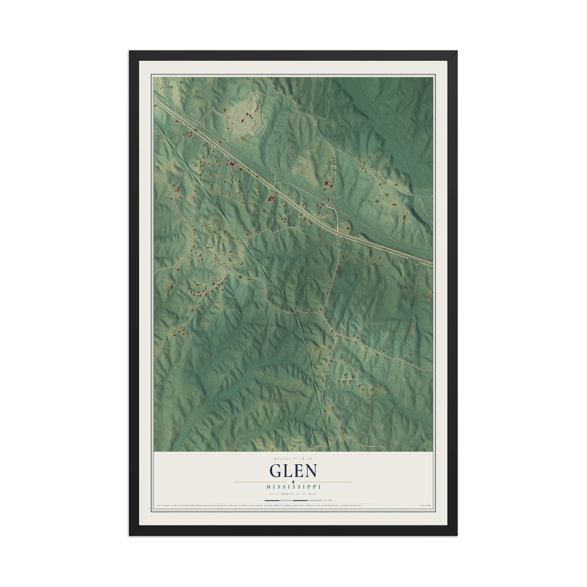 Map of Glen, Mississippi, 12 x 18 inch print in a black wood frame