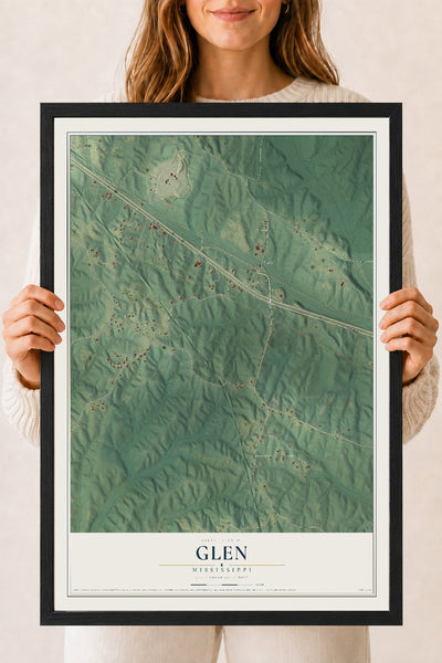 Map of Glen, Mississippi, 18 x 24 inch print in a black wood frame