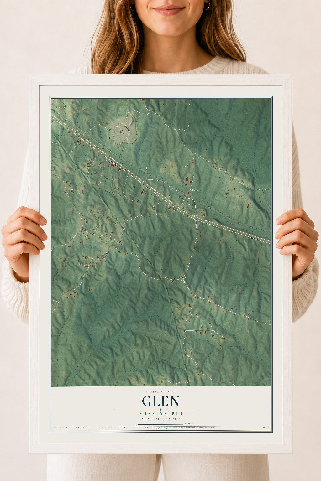 Map of Glen, Mississippi, 18 x 24 inch print in a white wood frame