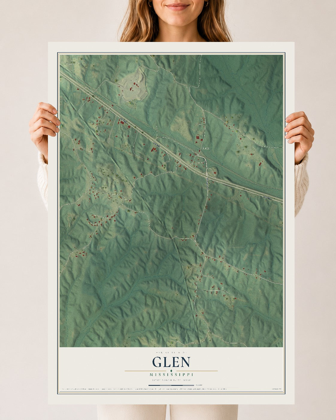 Map of Glen, Mississippi, 24 x 36 inch unframed archival matte print