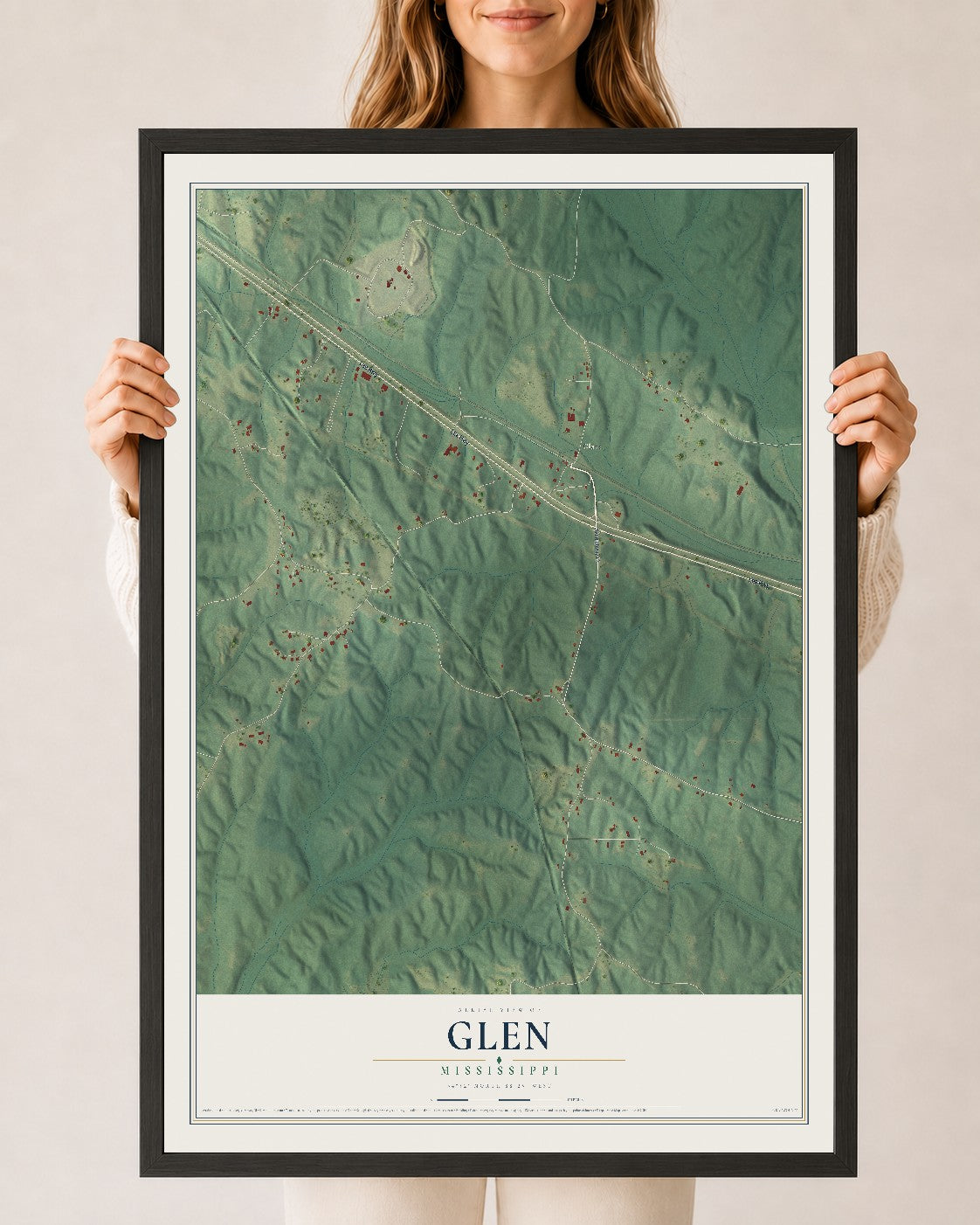 Map of Glen, Mississippi, 24 x 36 inch print in a black wood frame
