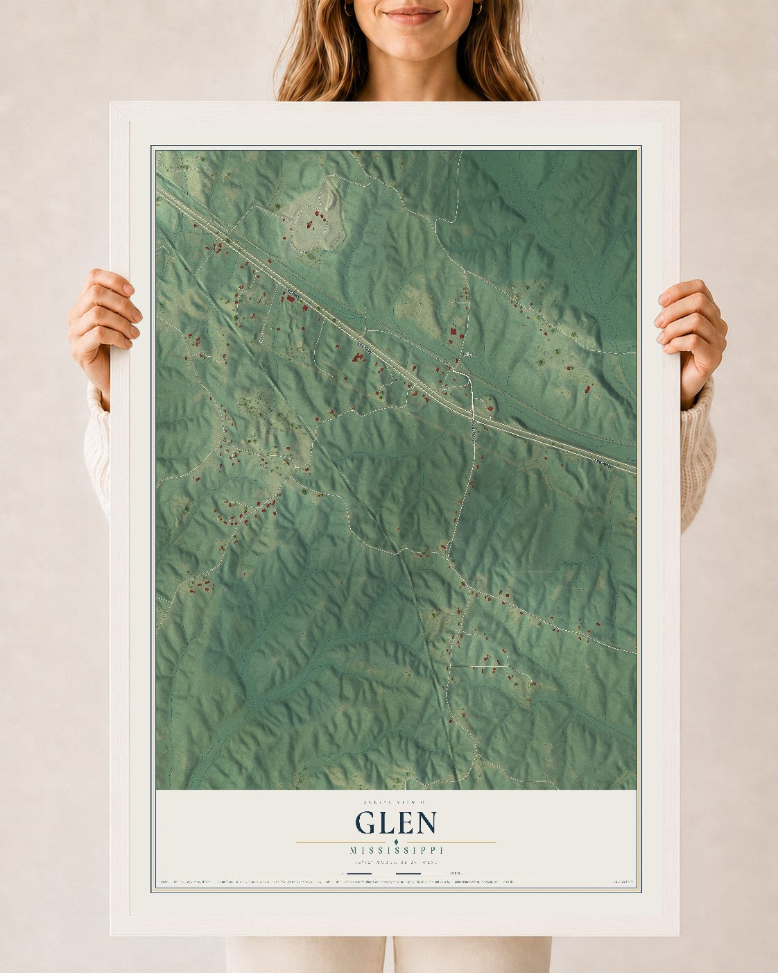 Map of Glen, Mississippi, 24 x 36 inch print in a white wood frame