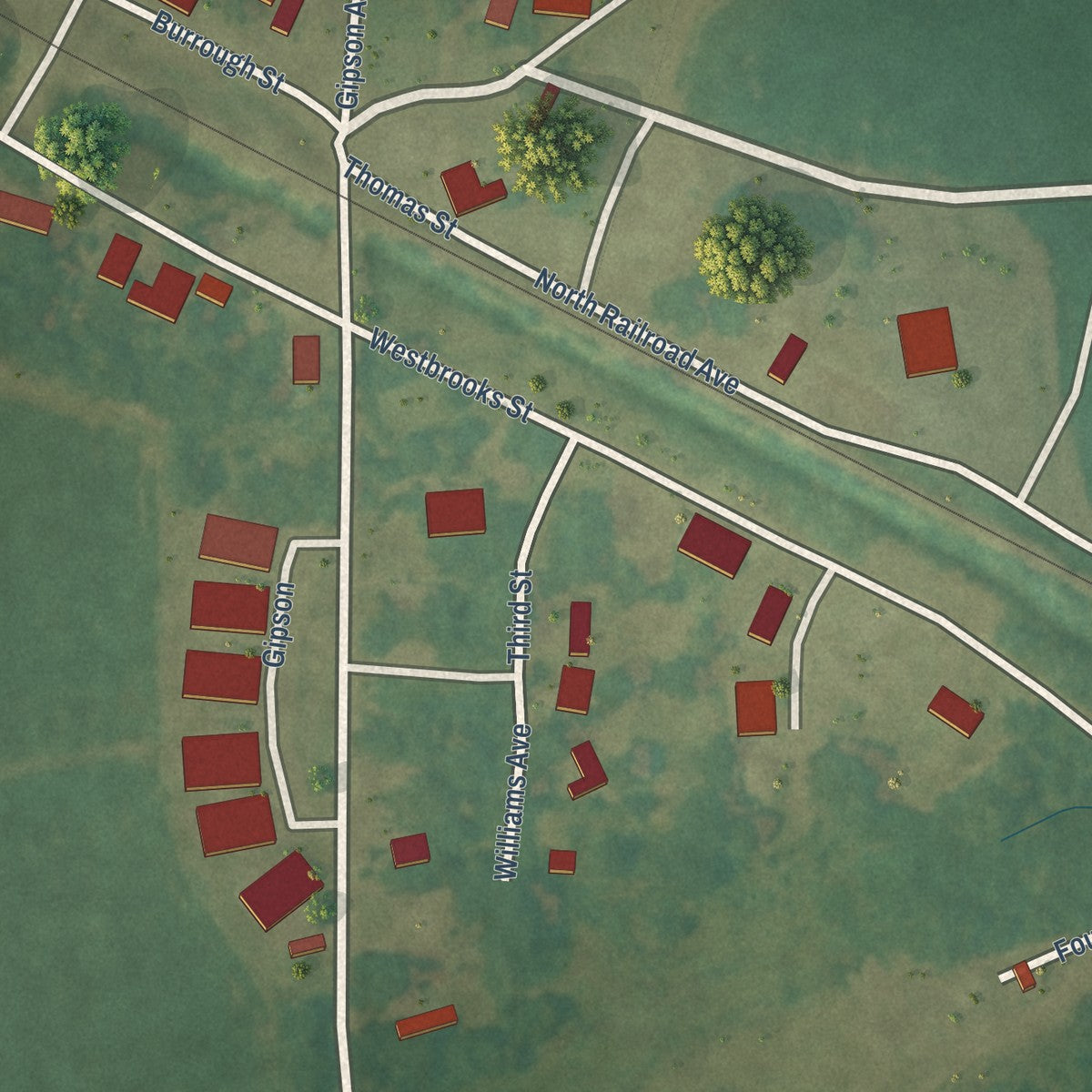 Close-up of the map of Glendora, Mississippi print showing street and building detail