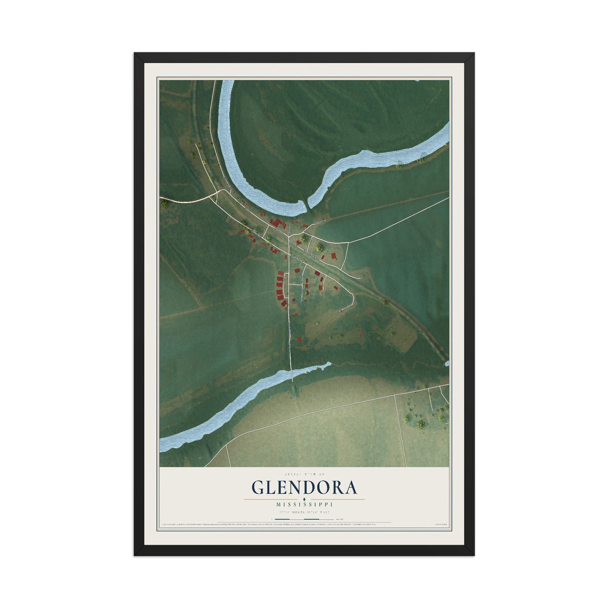 Map of Glendora, Mississippi, 12 x 18 inch print in a black wood frame