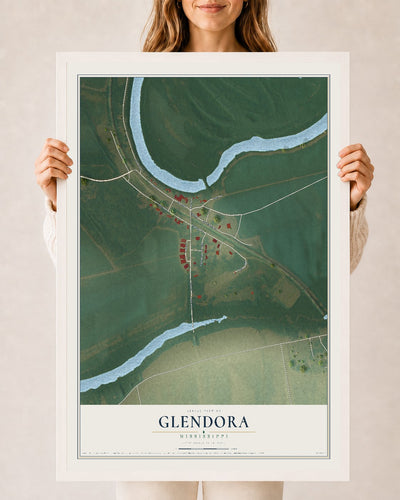 Map of Glendora, Mississippi, 24 x 36 inch print in a white wood frame