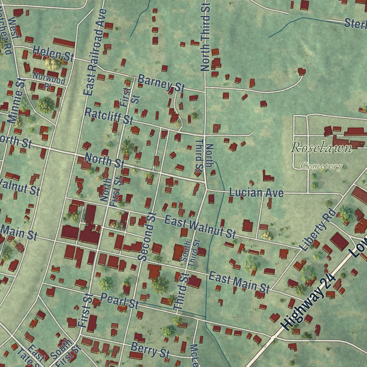 Close-up of the map of Gloster, Mississippi print showing street and building detail