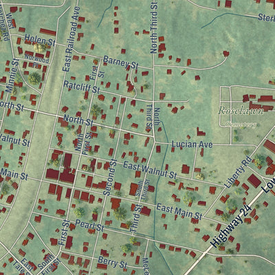 Close-up of the map of Gloster, Mississippi print showing street and building detail