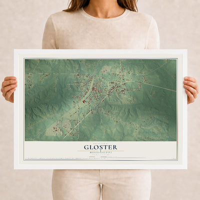Map of Gloster, Mississippi, 12 x 18 inch print in a white wood frame