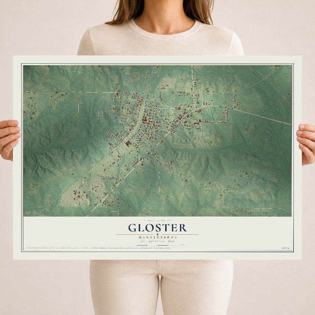 Map of Gloster, Mississippi, 18 x 24 inch unframed archival matte print