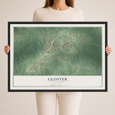 Map of Gloster, Mississippi, 24 x 36 inch print in a black wood frame