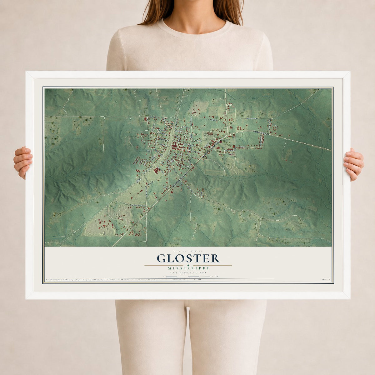Map of Gloster, Mississippi, 24 x 36 inch print in a white wood frame