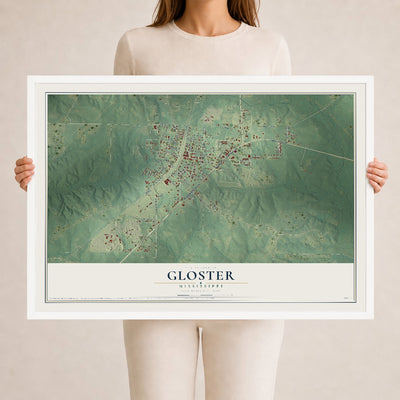 Map of Gloster, Mississippi, 24 x 36 inch print in a white wood frame