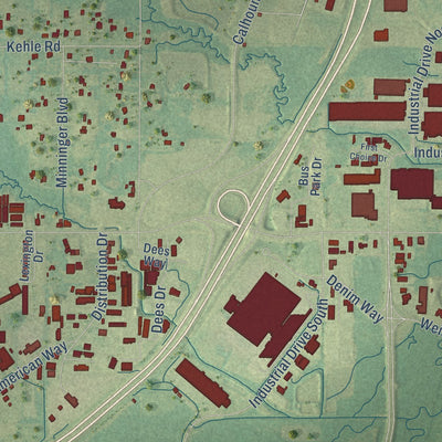 Close-up of the map of Gluckstadt, Mississippi print showing street and building detail