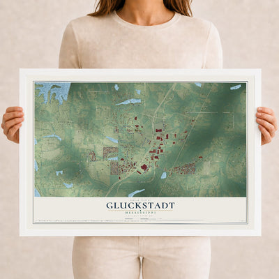 Map of Gluckstadt, Mississippi, 12 x 18 inch print in a white wood frame