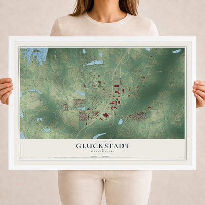 Map of Gluckstadt, Mississippi, 18 x 24 inch print in a white wood frame
