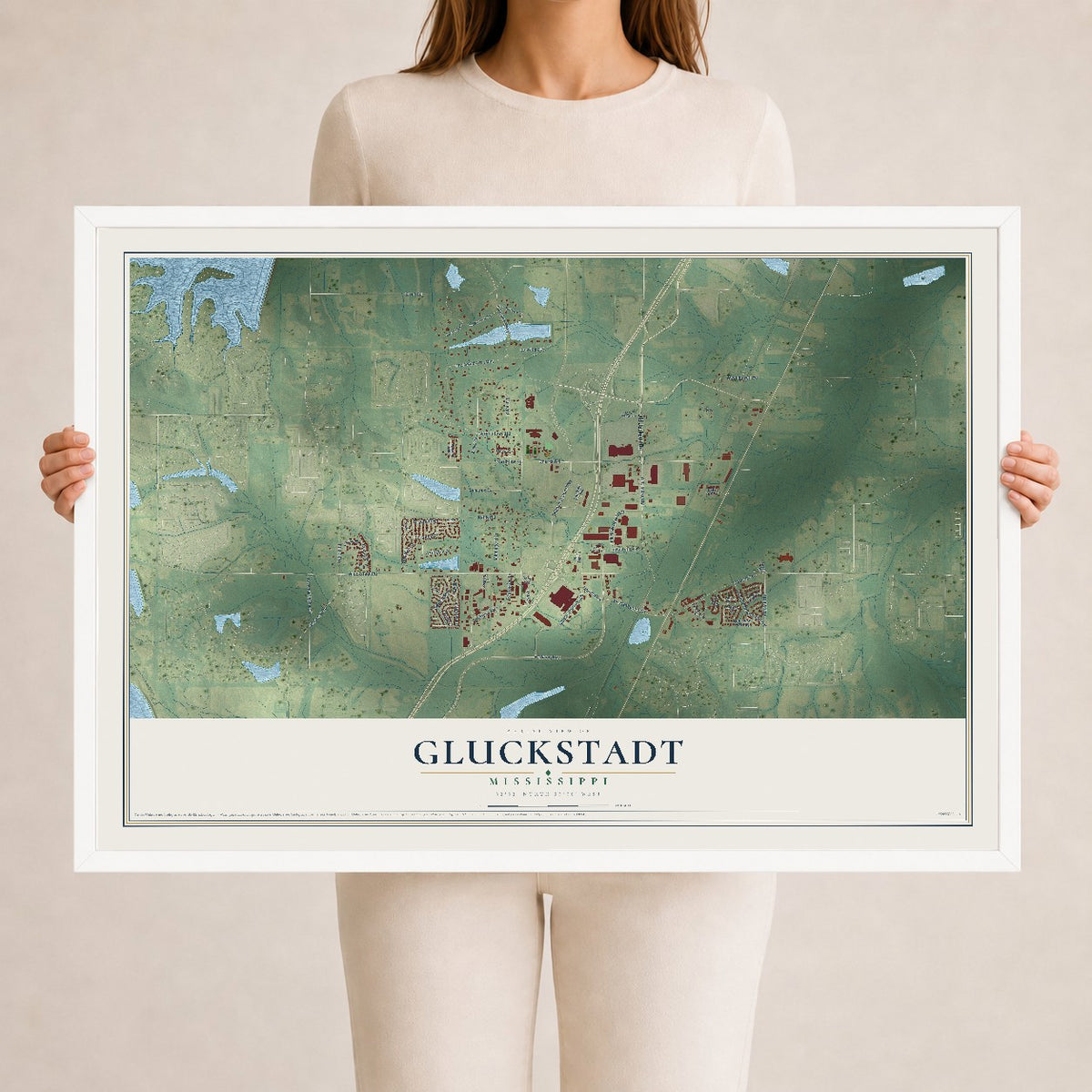 Map of Gluckstadt, Mississippi, 24 x 36 inch print in a white wood frame