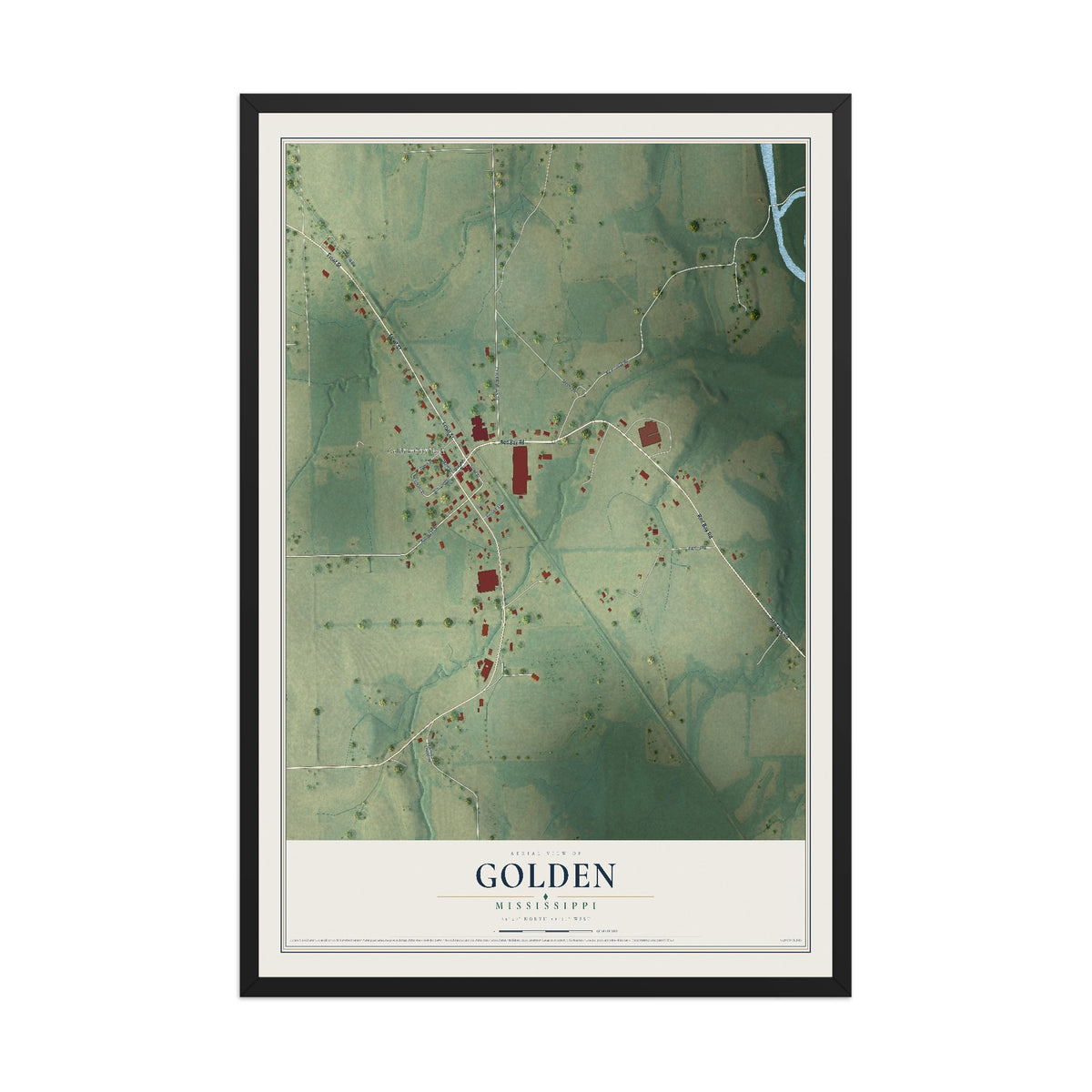 Map of Golden, Mississippi, 12 x 18 inch print in a black wood frame
