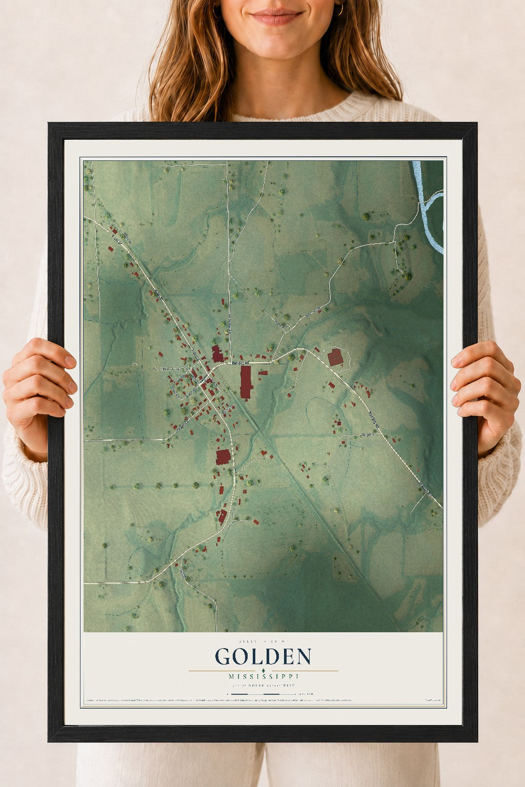 Map of Golden, Mississippi, 18 x 24 inch print in a black wood frame
