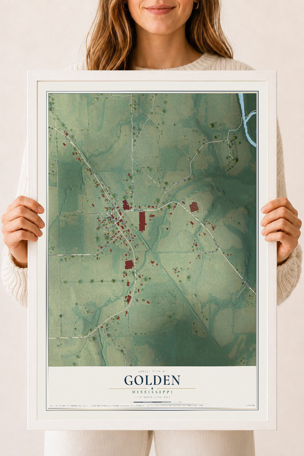 Map of Golden, Mississippi, 18 x 24 inch print in a white wood frame