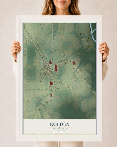 Map of Golden, Mississippi, 24 x 36 inch print in a white wood frame