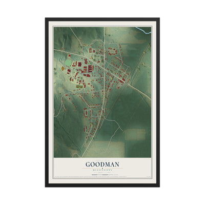 Map of Goodman, Mississippi, 12 x 18 inch print in a black wood frame