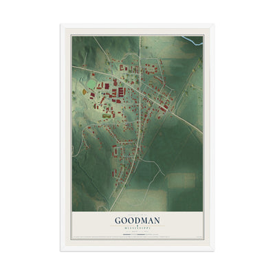 Map of Goodman, Mississippi, 12 x 18 inch print in a white wood frame