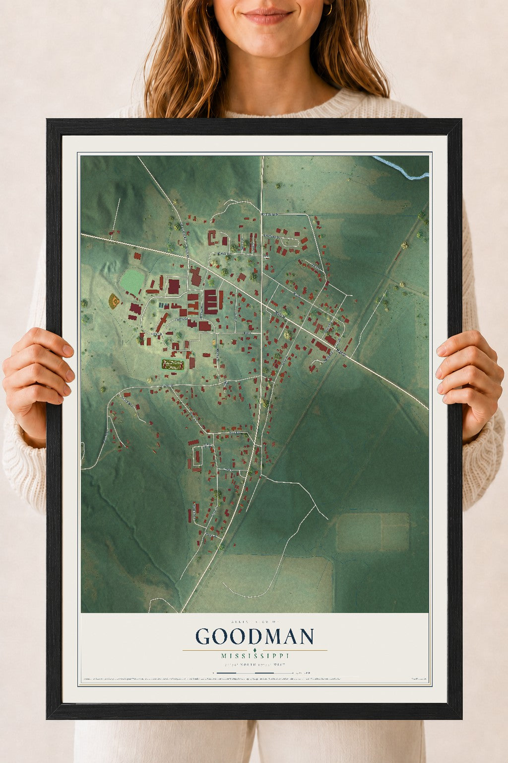Map of Goodman, Mississippi, 18 x 24 inch print in a black wood frame