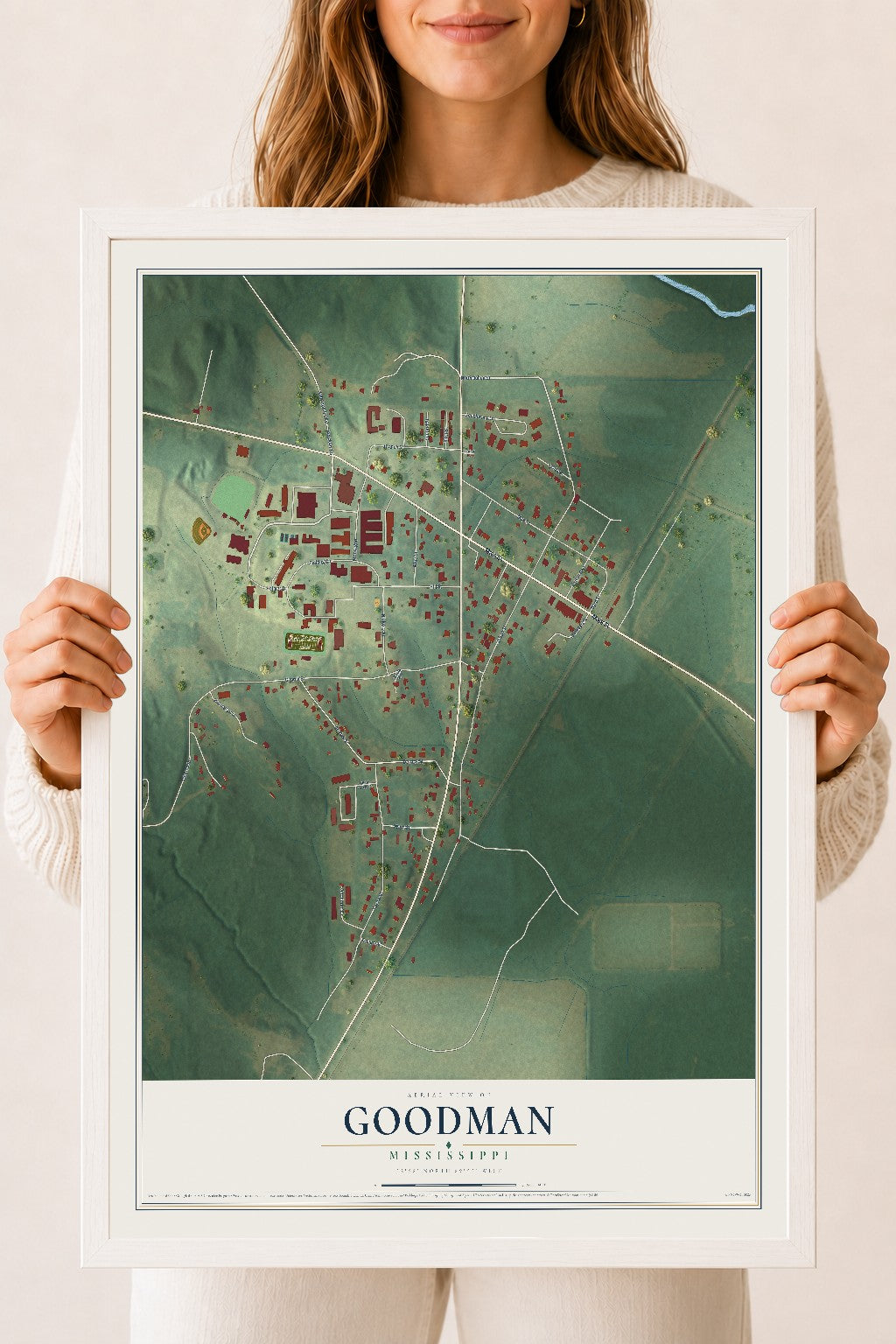 Map of Goodman, Mississippi, 18 x 24 inch print in a white wood frame