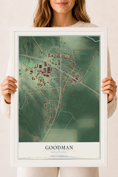 Map of Goodman, Mississippi, 18 x 24 inch print in a white wood frame
