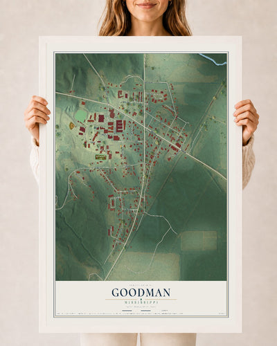 Map of Goodman, Mississippi, 24 x 36 inch print in a white wood frame