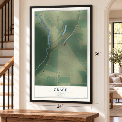Grace, Mississippi map, 24 x 36 inch print in a black frame by a staircase