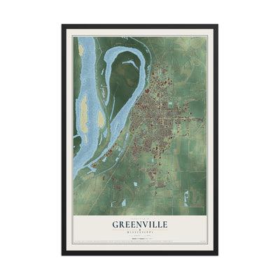 Map of Greenville, Mississippi, 12 x 18 inch print in a black wood frame
