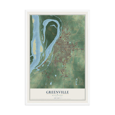 Map of Greenville, Mississippi, 12 x 18 inch print in a white wood frame