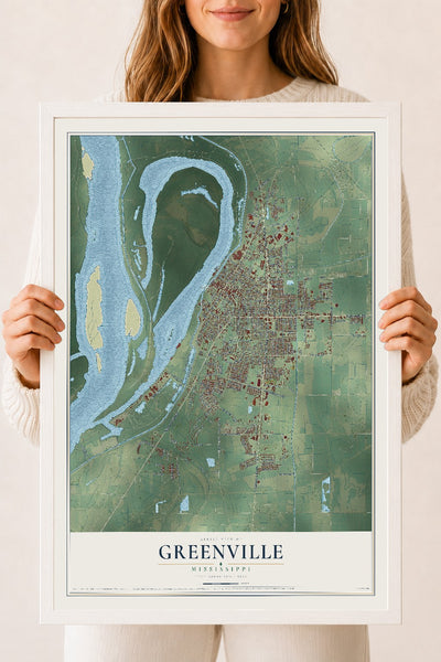 Map of Greenville, Mississippi, 18 x 24 inch print in a white wood frame