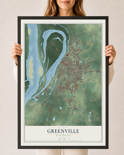 Map of Greenville, Mississippi, 24 x 36 inch print in a black wood frame